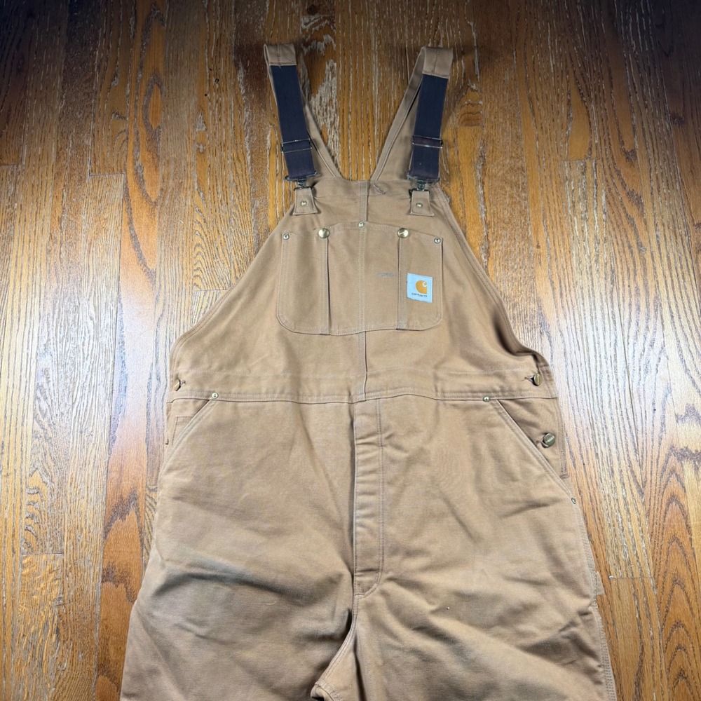 Carhartt R02 BRN Duck Bib Overalls Quilt Lined Double Knee Brown 46x28 USA Made